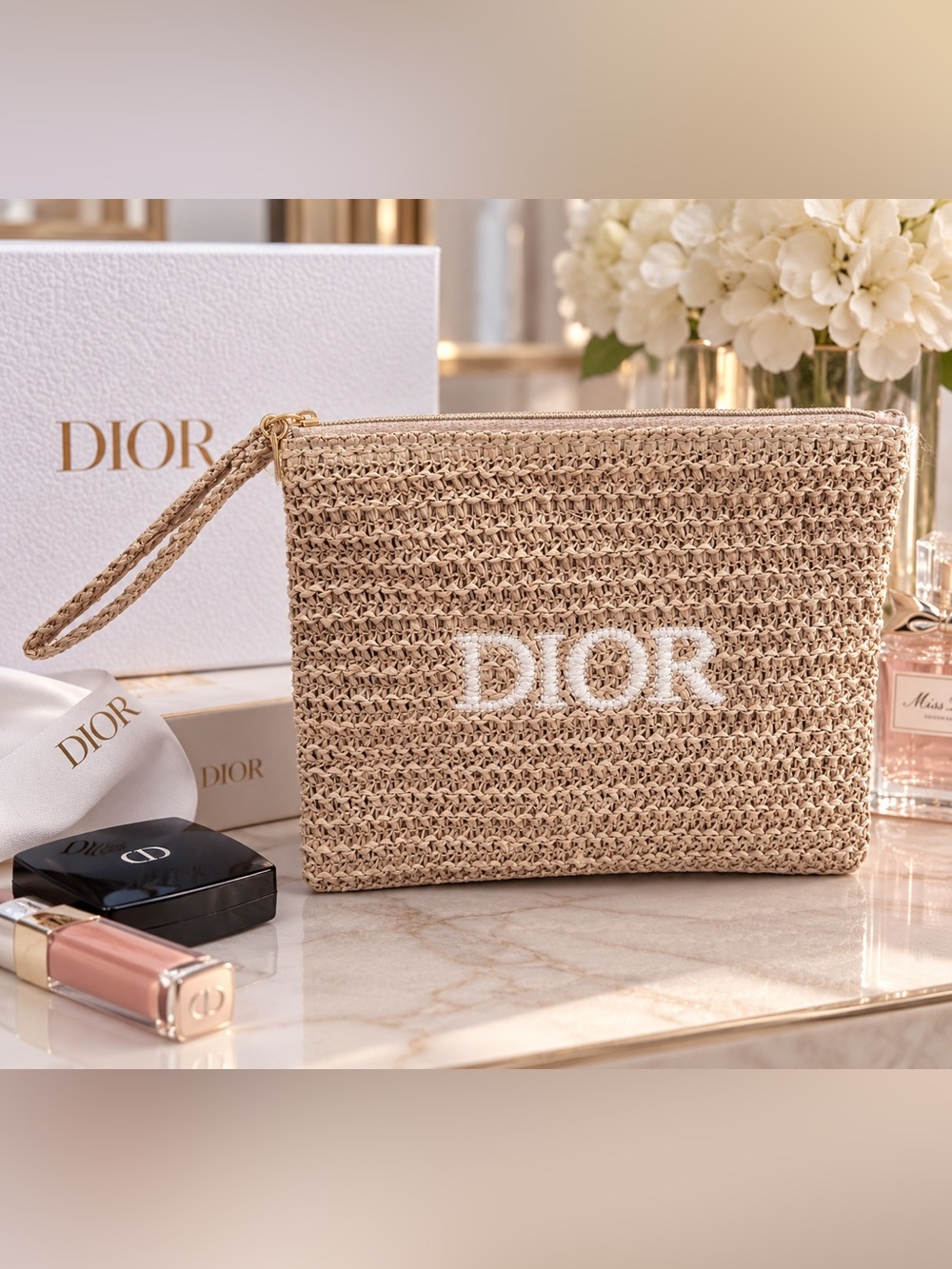 Dior Beauty Raffia Pouch – Beige | NEW | Gift With Purchase